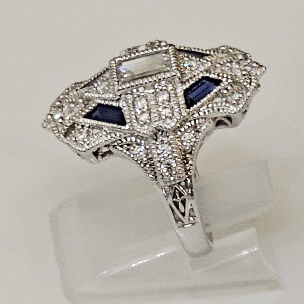 Beautiful Blue Sapphire & White Diamond Simulant Sterling Silver Ring Sz 6! - Picture 6 of 12